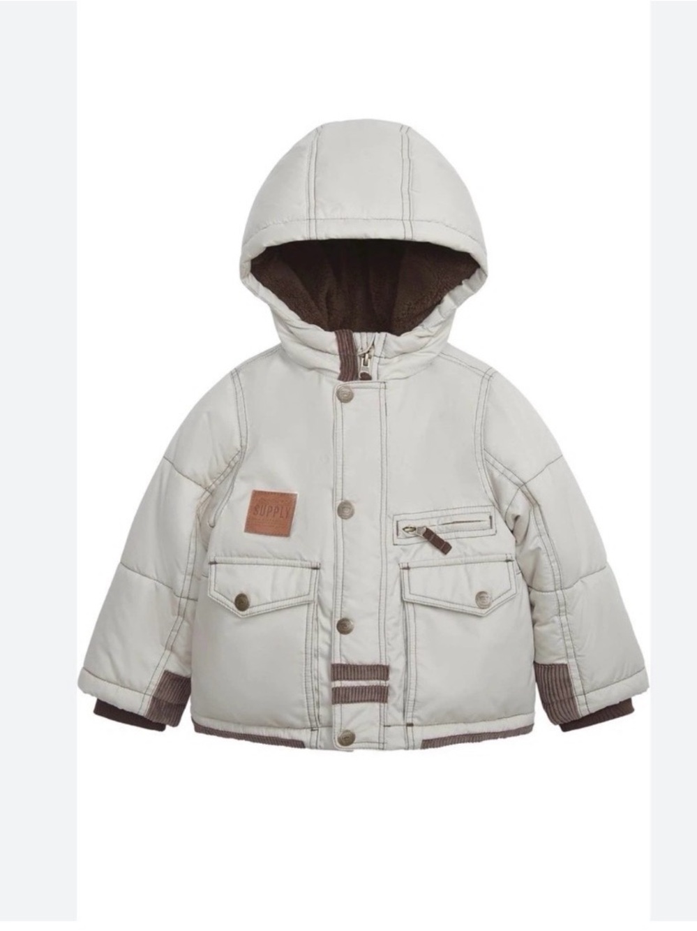 London Fog Khaki/Cream Hooded Puffer Jacket with Brown Trim